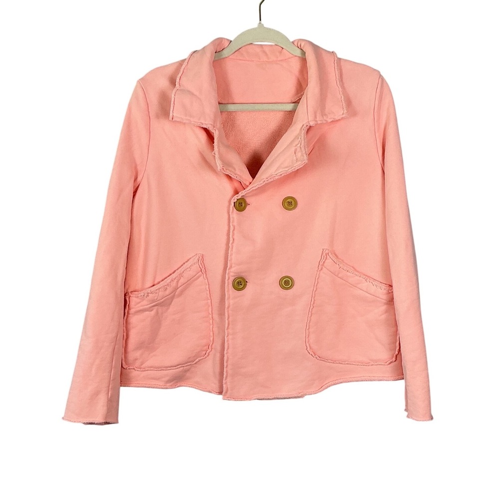Peach Double Breasted Sweatshirt Jacket Raw Hem Fleece Blazer Pink L